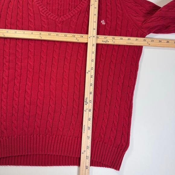 Lauren Ralph Lauren Women's Sweater XL Red Cable Knit Cotton V Neck Preppy Sport - Picture 6 of 8